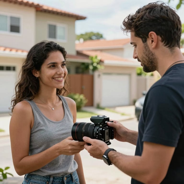A satisfied client receiving assistance from a professional technician in a Brazilian residential neighborhood.