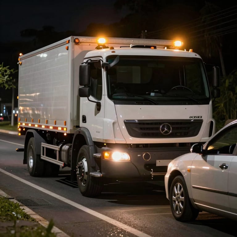Night photography of a tow truck with amber warning lights assisting a car on a Brazilian road, emphasizing safety.