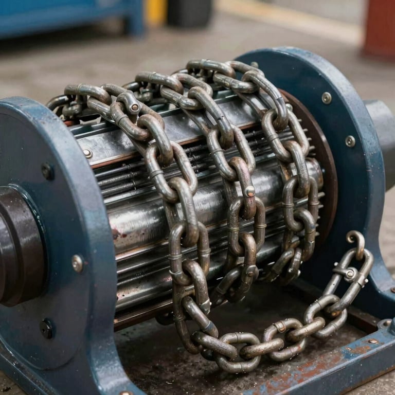 Close-up of industrial-grade towing chains and winch equipment, focus on strength and reliability.