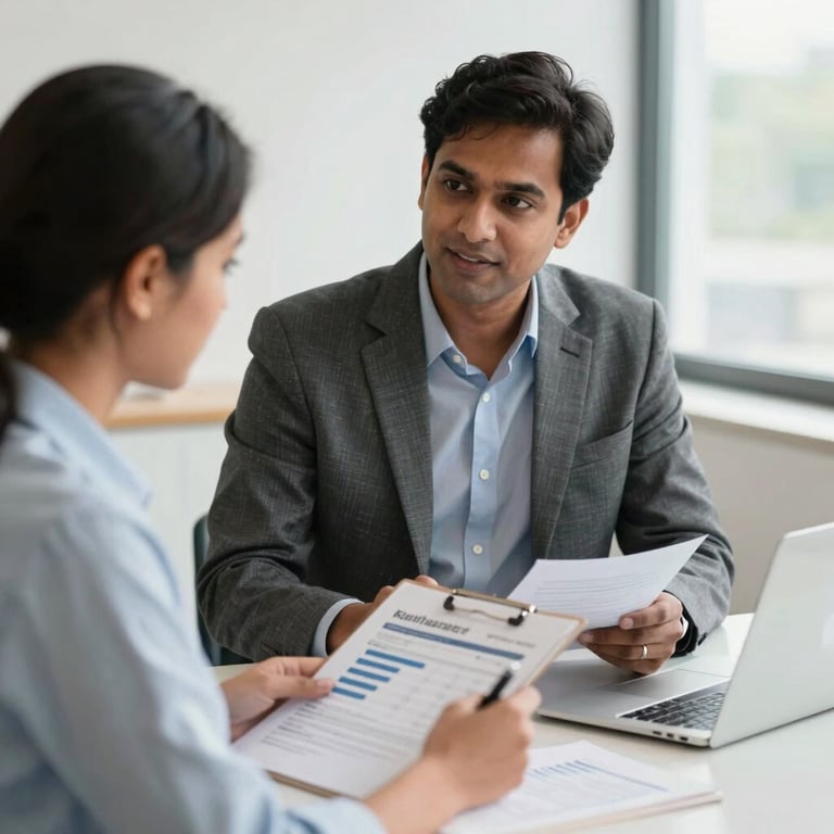 A professional consulting session where a South Asian / Indian advisor is explaining financial reports to a business owner in a bright, modern setting.