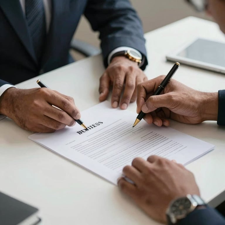 A focused shot of hands signing business incorporation papers on a clean white desk, with a professional South Asian / Indian aesthetic.