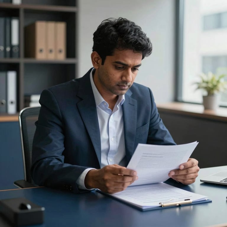 A professional photograph of a legal expert reviewing documents in a sleek office, South Asian / Indian context, soft daylight, navy blue desk accents.