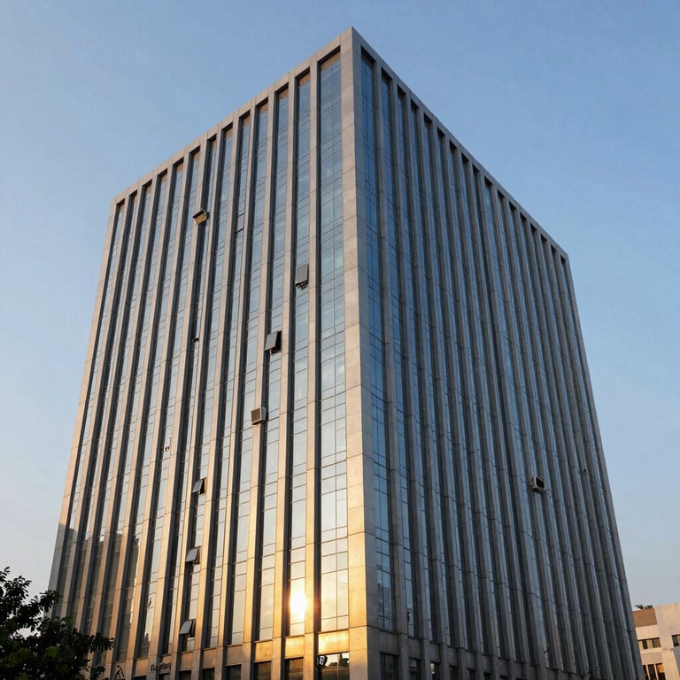 A modern office building exterior in Gurugram during the golden hour, reflecting a reliable and established corporate identity.
