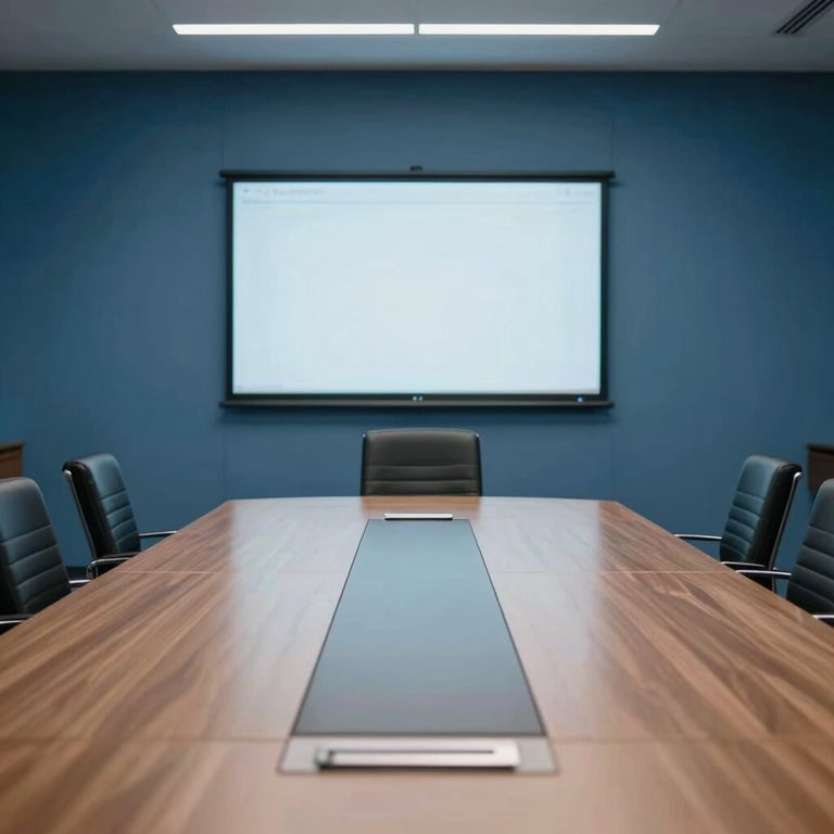 An image of a high-tech conference room in Bangalore with slate blue walls and modern presentation tools, suggesting efficiency and trust.