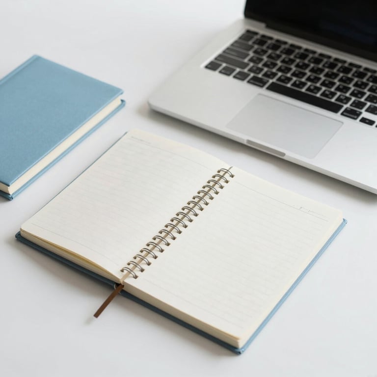 A clean, minimalist workspace featuring a high-end laptop and notebooks, in a palette of pale blue and off-white, signifying organized bookkeeping.