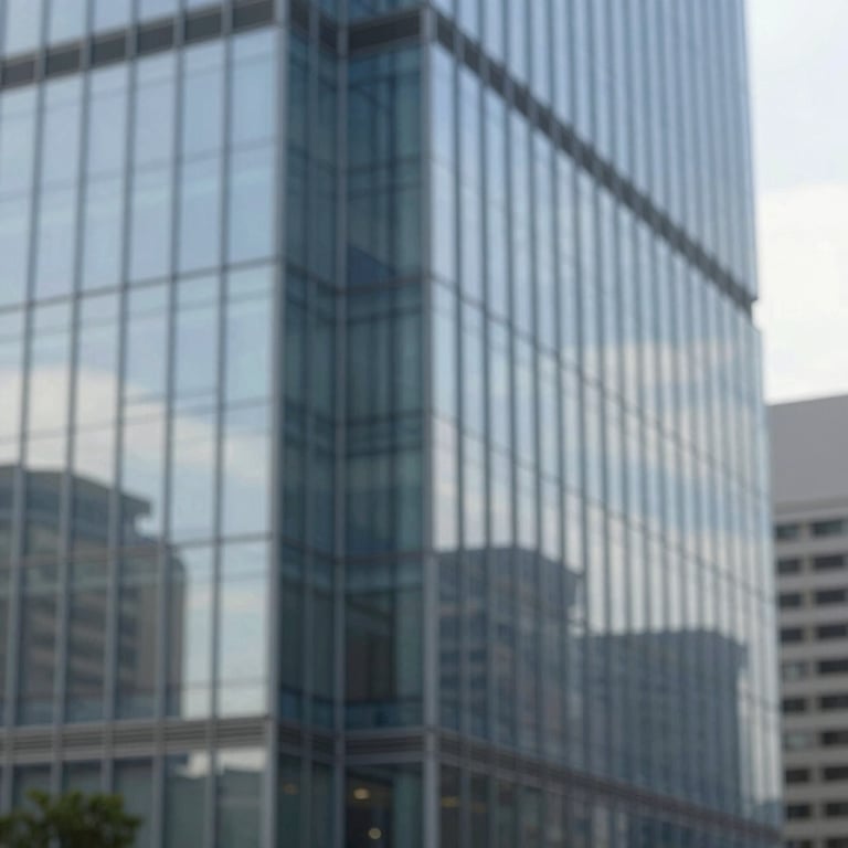 An architectural detail of a contemporary corporate building with glass reflections.