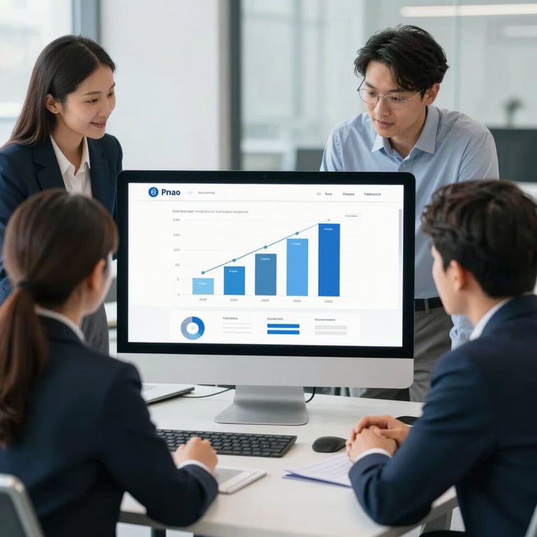 A team of consultants collaborating around a large monitor displaying growth statistics.