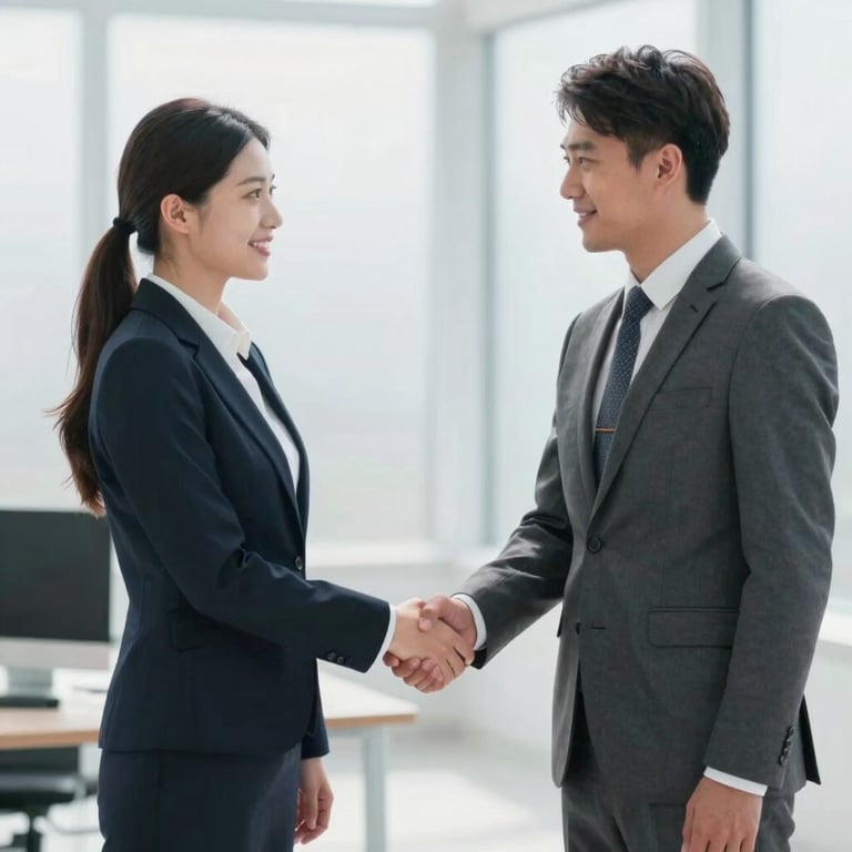 Two professionals in business attire shaking hands in a bright, trustworthy office setting.