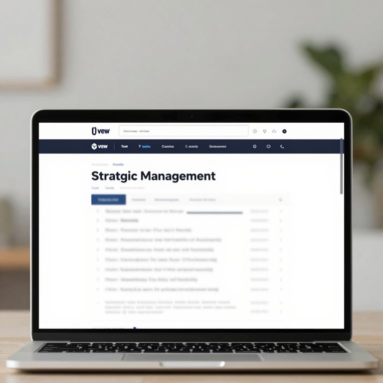 A modern laptop showing strategic management software with clean interfaces.