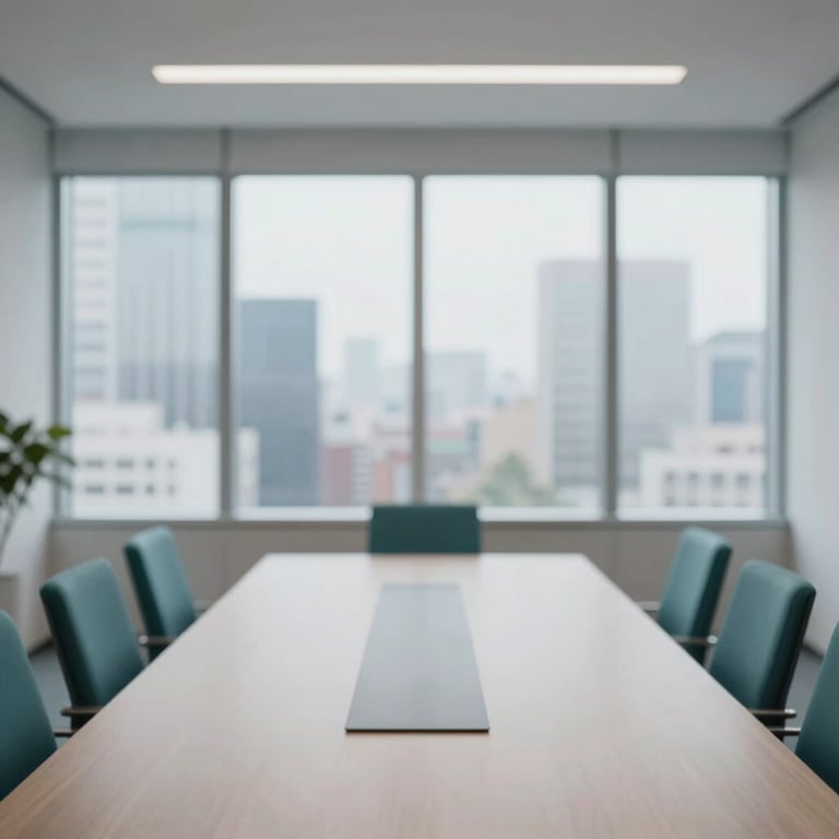 A minimalist boardroom with a large window overlooking a city, featuring teal furniture accents.
