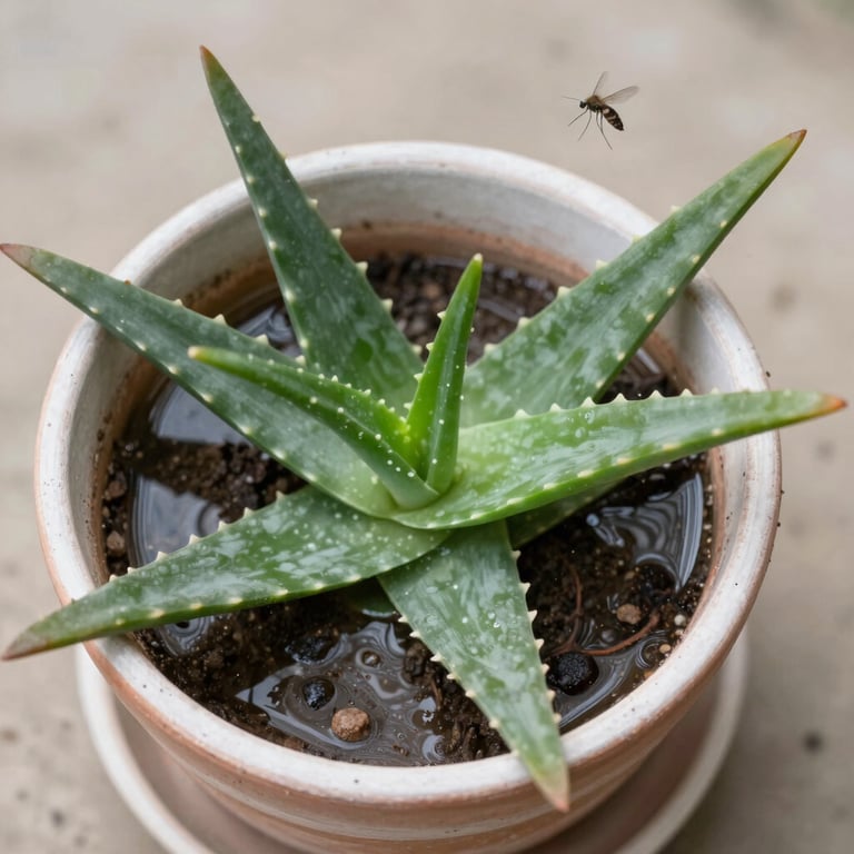 A green aloe vera succulent plant in a ceramic pot with a fungus gnat flying nearby.