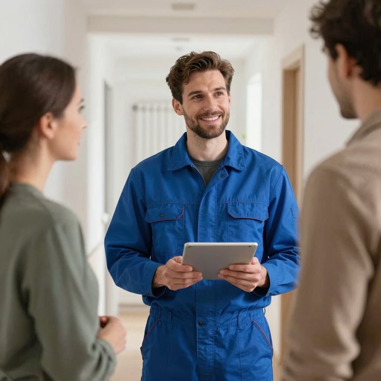 A friendly professional German heating and plumbing technician in a clean blue uniform, speaking with a customer in a bright house hallway, holding a tablet.