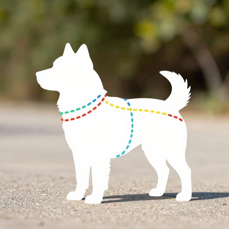 Clean graphic illustration of a cute dog silhouette with colorful dotted lines indicating neck, chest, and back length measurements, high contrast, minimalist style