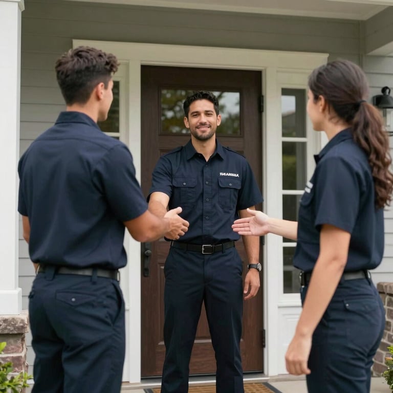 A professional team member in a dark slate navy uniform greeting a customer at a sturdy North American / US home entrance.