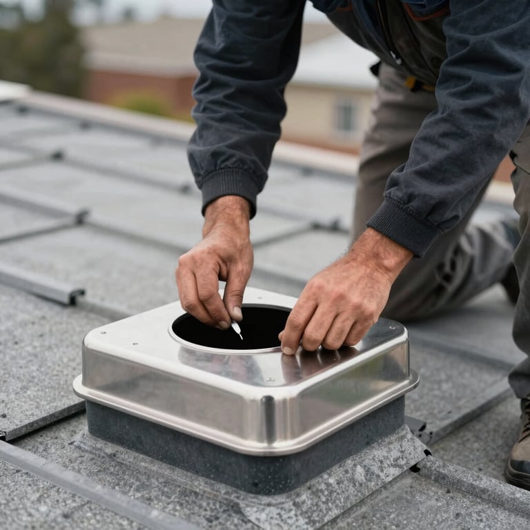 A professional technician in Ivanhoe, CA, securing a new stainless steel chimney cap on a roof, demonstrating expert workmanship.