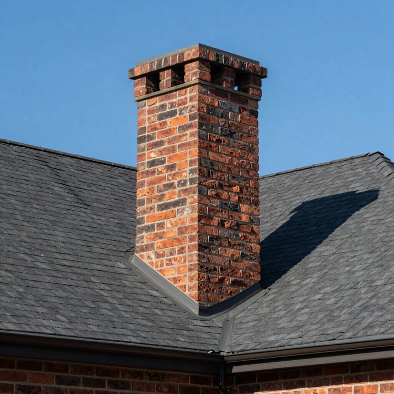 A wide shot of a beautifully maintained brick chimney on a modern North American / US home with charcoal grey roof tiles under a clear blue sky.