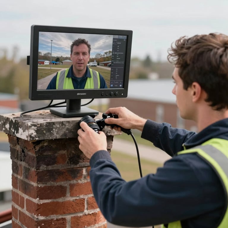 A technician performing a video inspection of a chimney flue using a modern monitor in a North American / US setting.