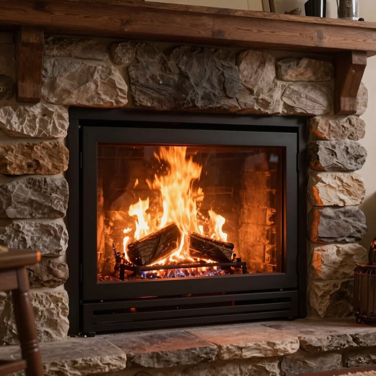 A warm and safe fireplace burning brightly in a cozy North American / US family room, reflecting reliability and safety.
