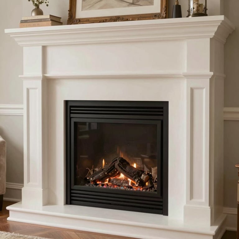 A close-up of a sparkling clean fireplace interior in a North American / US living room with soft off-white surroundings.