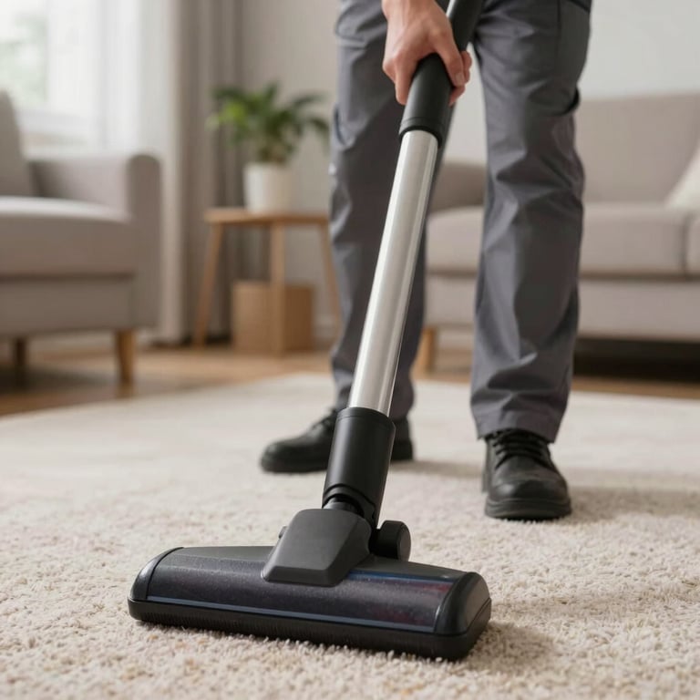 A close-up of a professional cleaning specialist in a neat uniform vacuuming a plush carpet in a North American home, soft natural light.
