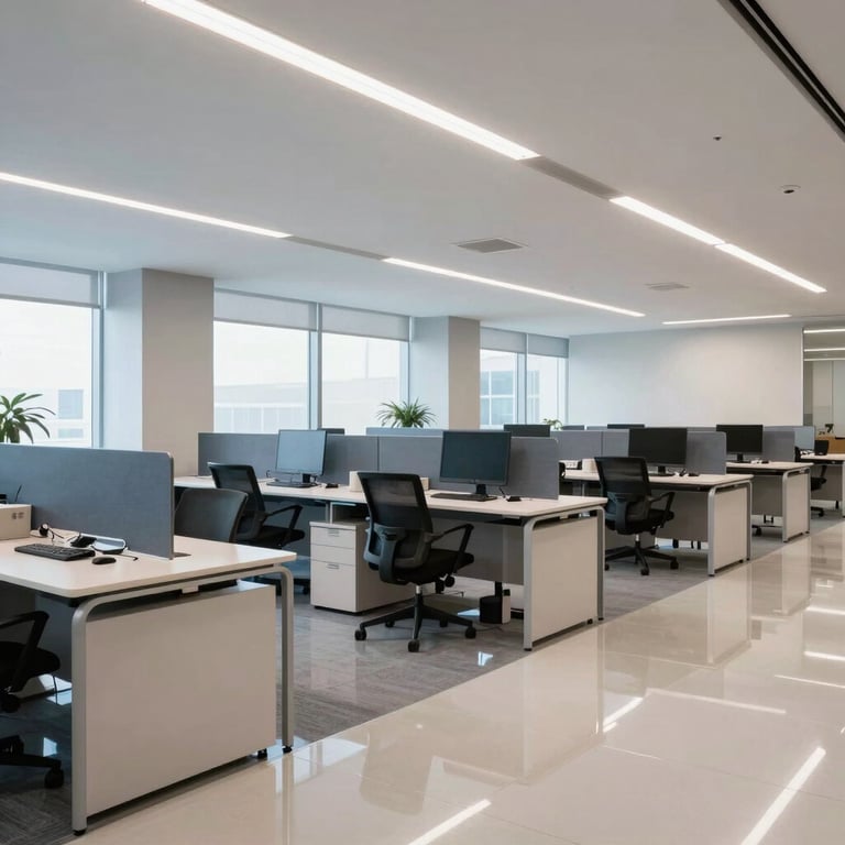 A wide shot of a bright, modern US corporate office workspace with perfectly polished floors and dust-free desks, reflecting a steel blue and soft white theme.