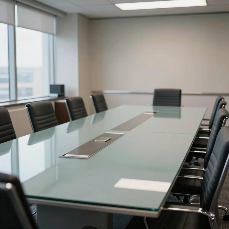 A large conference room in a US office building with a streak-free glass table and perfectly arranged chairs, showcasing professional maintenance.