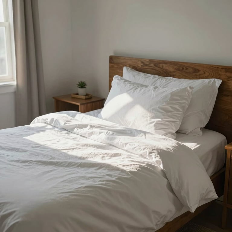 A cozy and spotless North American bedroom with fresh linens and plenty of sunlight, conveying a sense of health and hygiene.