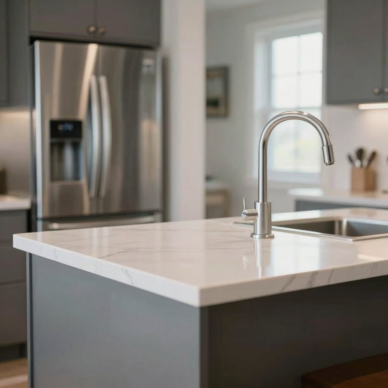 A sparkling clean kitchen island in a modern residential setting, with stainless steel appliances reflecting the bright, airy surroundings.