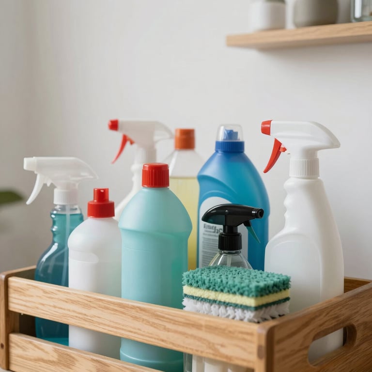 A detailed shot of organized, eco-friendly cleaning supplies in a wooden caddy, set against a soft white wall in a bright home interior.