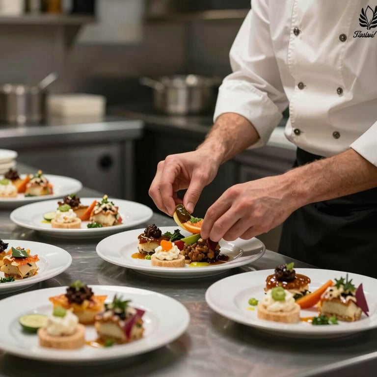 Professional kitchen scene showing a chef carefully plating appetizers for a baptism celebration.