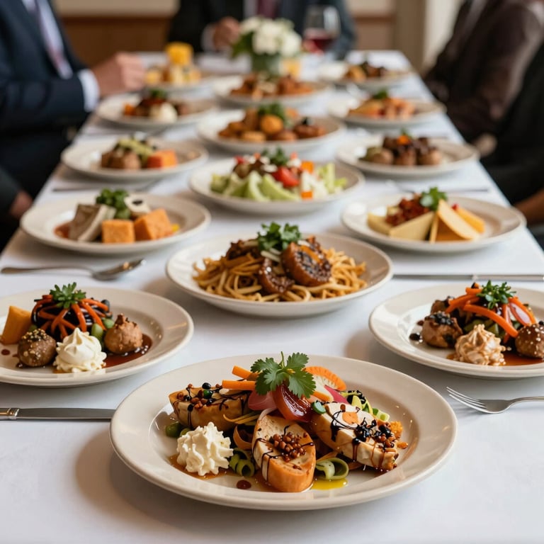 A corporate lunch event with a variety of artisanal Mexican dishes served on warm beige platters.