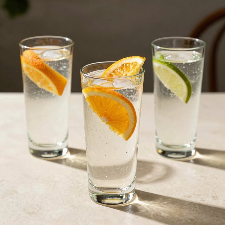 Refreshing artisanal fruit waters served in tall crystal glasses on a clean, sunlit cream-colored table.
