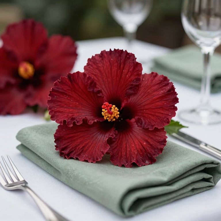Deep red hibiscus flowers decorating an elegant outdoor dining table set with sage green napkins.