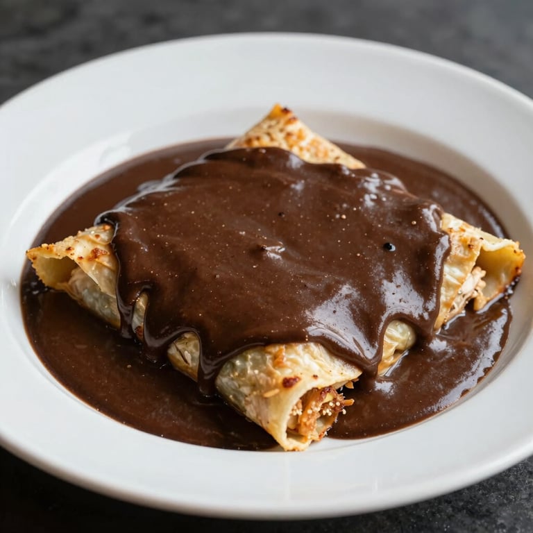 A gourmet presentation of chicken enchiladas with a smooth, dark brown mole sauce in a refined setting.