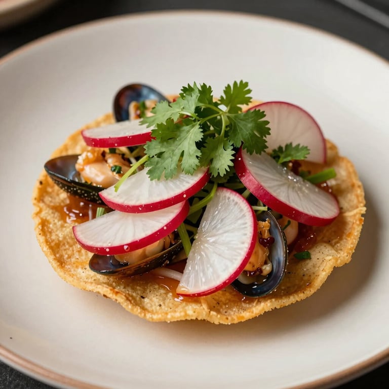 Close-up of fresh seafood tostadas on a cream ceramic plate, garnished with vibrant radish and cilantro.