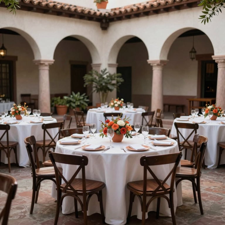 An upscale wedding reception setup in a North American / Mexican-American courtyard with dark brown chairs and terracotta decor.