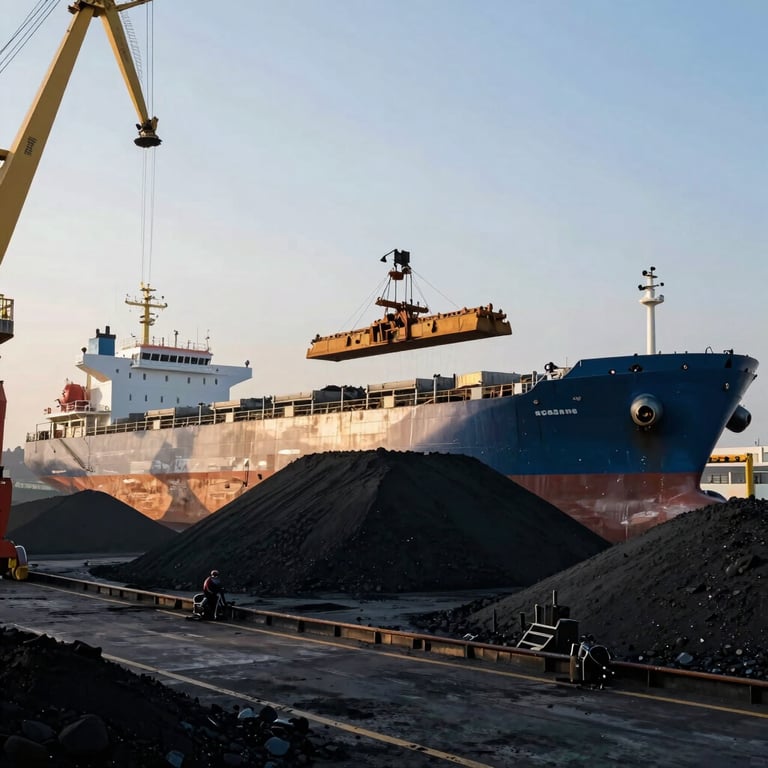 A large cargo ship being loaded with iron ore at a modern terminal, emphasizing scale and industrial stability under clear morning light.