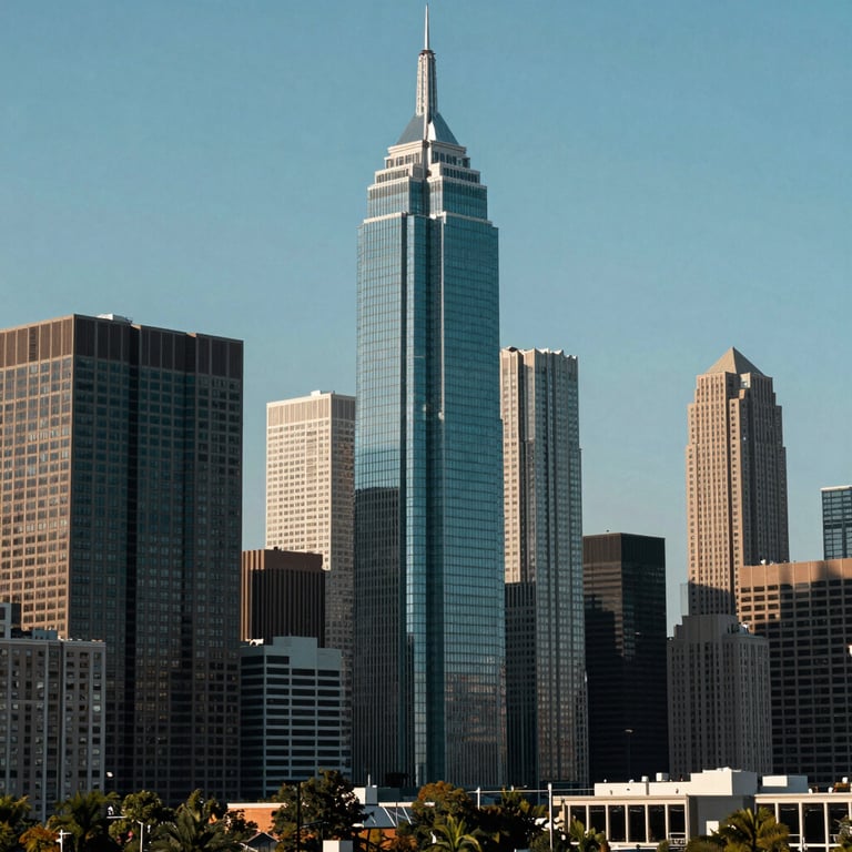 A sharp, professional photograph of a North American skyline representing premium real estate and urban development, featuring a palette of deep green-blue and light blue skies.