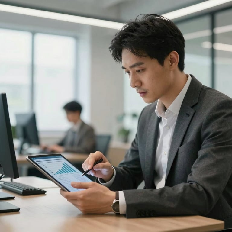A logistics consultant in professional attire reviewing supply chain data on a digital tablet in a bright, modern North American office environment.