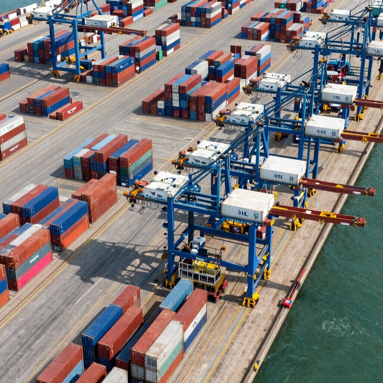 A bird's eye view of an organized container port, illustrating advanced supply chain and logistics management capabilities.