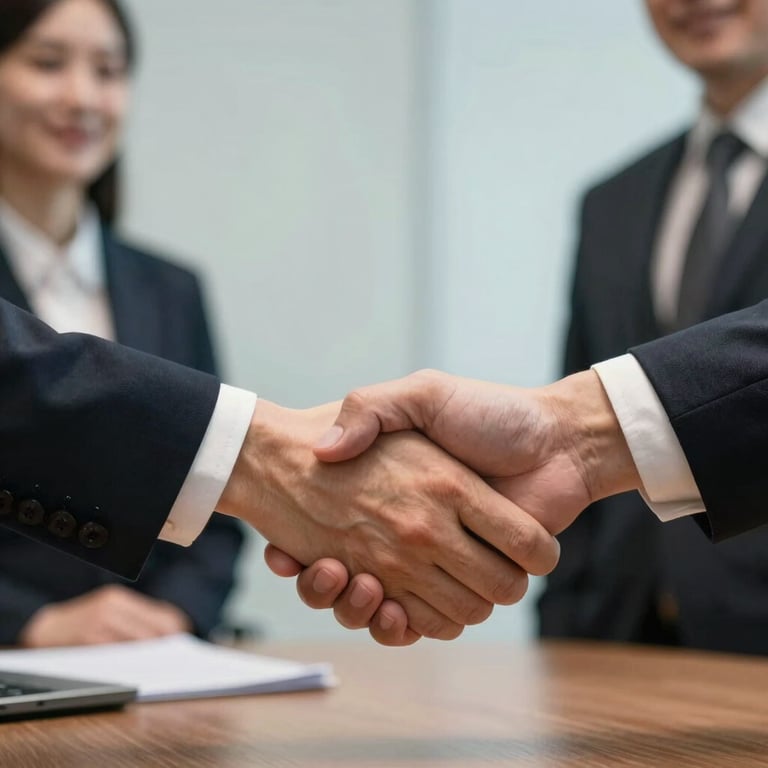 A close-up of a firm handshake between two professionals in a corporate boardroom, symbolizing trust, integrity, and partnership.