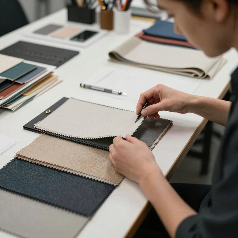 A high-end garment design studio with samples and textiles, reflecting professional fashion turnkey solutions and attention to detail.