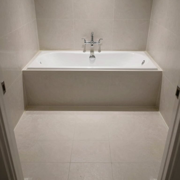 Wide shot of a fully completed bathroom reglazing project, showing the tub, tiles, and floor looking brand new.