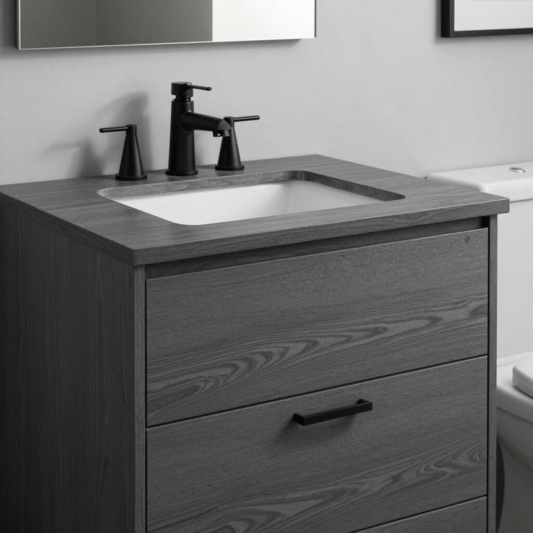 A modern New York bathroom vanity restored from a dated wood look to a sleek minimalist dark grey finish.