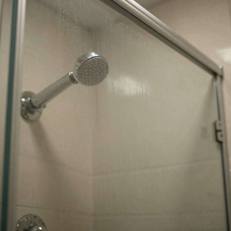 A close-up of a high-quality glaze application on a shower stall, showing the glossy reflection of bathroom lighting.