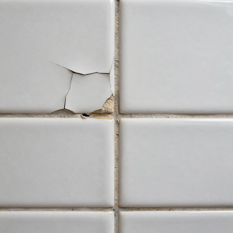 Macro shot of old, cracked bathroom tiles before and smooth, white refinished tiles after, showing professional detail.