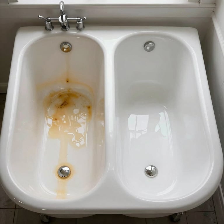 A split screen showing a stained yellowed bathtub before and a brilliant high-gloss white bathtub after reglazing, clean New York apartment setting.
