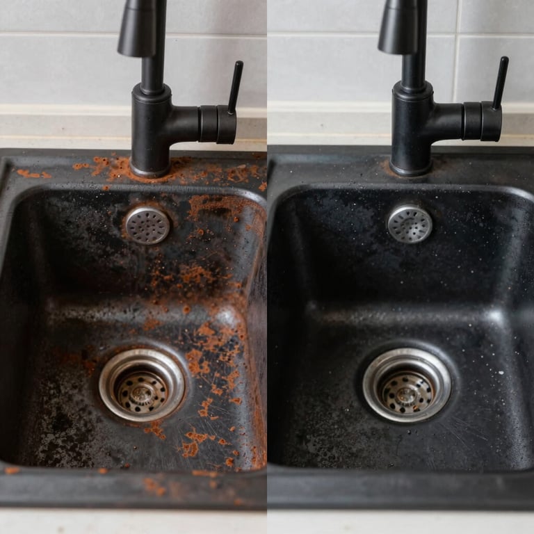 Before and after comparison of a rusted kitchen sink being restored to a polished black industrial finish.