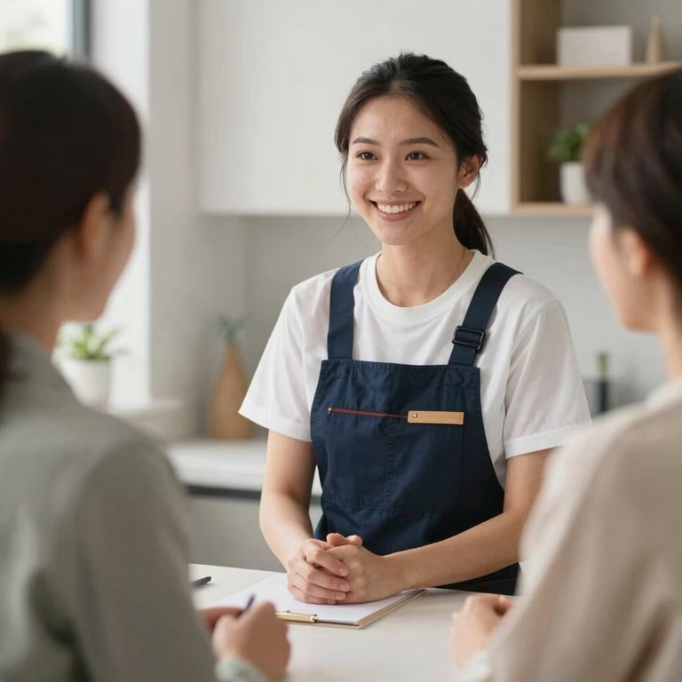 A bilingual staff member smiling and talking to a client in a modern US home setting.