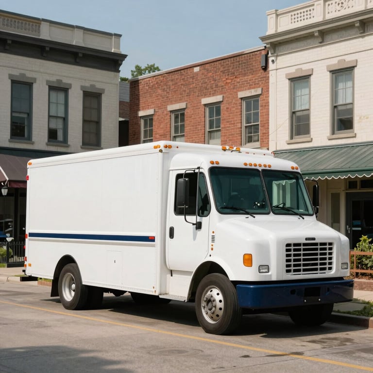 A large white moving truck with navy blue accents parked in a scenic Omaha neighborhood. North American style architecture.